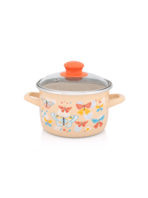 Garnek emaliowany 16 cm 2.0L ze szklaną pokrywką, brzoskwiniowy, Butterfly