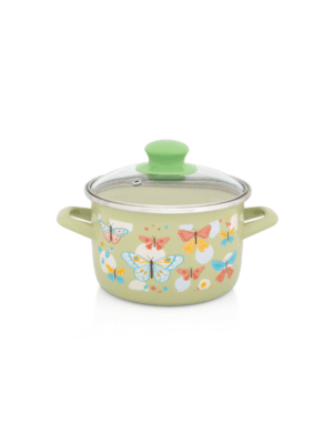 Garnek emaliowany 16 cm 2.0L ze szklaną pokrywką, zielony, Butterfly