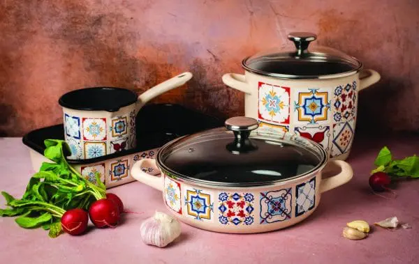 Garnek emaliowany ze szklana pokrywką, 16 cm 1.9L, kremowy, Porto
