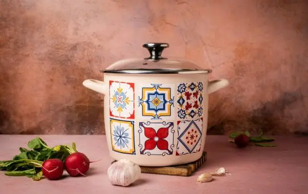 Wysoki garnek emaliowany ze szklaną pokrywką, 20 cm 5.1L, kremowy, Porto