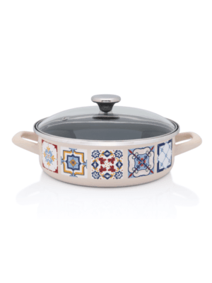 Okrągłe naczynie do duszenia ze szklaną pokrywką 24 cm średnicy, kremowa, Porto