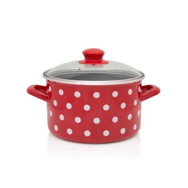 Garnek emaliowany ze szklaną pokrywką, 22 cm 5.0l, czerwony, Dots on red