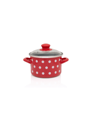 Garnek emaliowany ze szklaną pokrywką, 14 cm 1.5l, czerwony, Dots on red