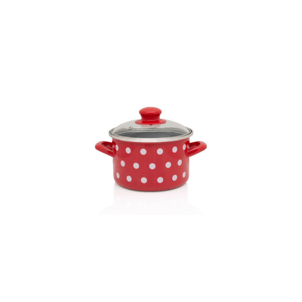 Garnek emaliowany ze szklaną pokrywką, 14 cm 1.5l, czerwony, Dots on red