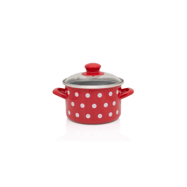 Garnek emaliowany ze szklaną pokrywką, 16 cm 2.0l, czerwony, Dots on red