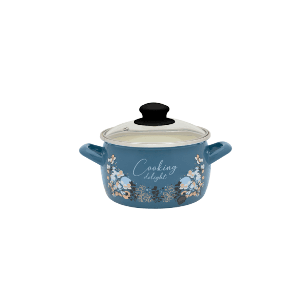 Garnek emaliowany 16 cm 2.2 L, ze szklaną pokrywką, niebieski, Cooking Delight