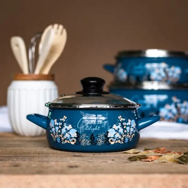 Niski garnek emaliowany 16 cm 1.5 L, ze szklaną pokrywką, niebieski, Cooking Delight