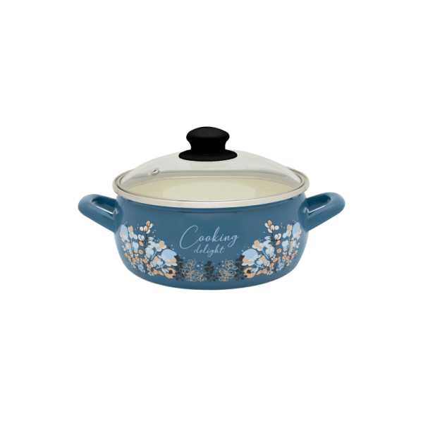 Niski garnek emaliowany 20 cm 2.9 L, ze szklaną pokrywką, niebieski, Cooking Delight