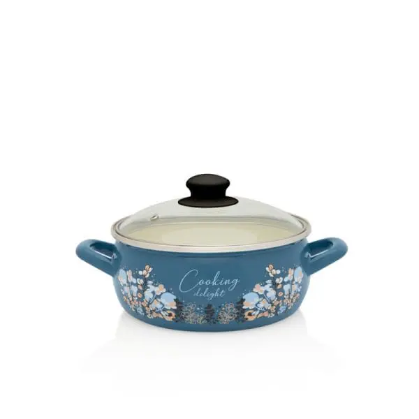 Niski garnek emaliowany 16 cm 1.5 L, ze szklaną pokrywką, niebieski, Cooking Delight