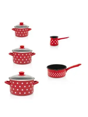 Zestaw naczyń emaliowanych Dots on red - 1.5 l + 3 l + 5 l + rondel 1.6 l + tygielek 0.7 l