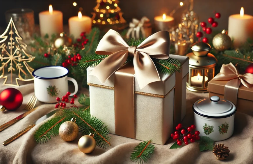 DALL·E 2024-10-29 10.02.41 – A closed, elegant gift box for a wedding or holiday featuring a large satin ribbon bow. The box is decorated with festive elements around it, includin