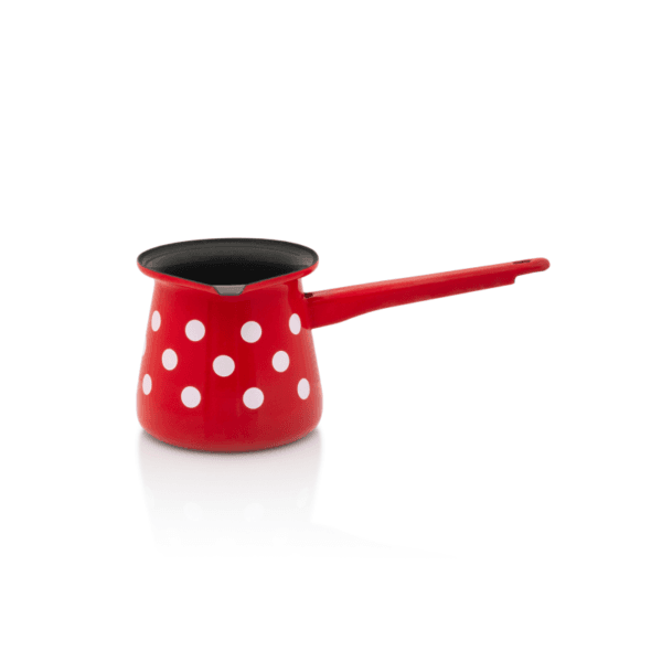 Klasyczny tygielek emaliowany na 4 kawy, 0.4L, czerwony, Dots on red