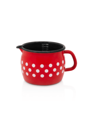 Klasyczny wypukły kubek emaliowany z dzióbkiem i miarką, 12 cm 1.3L, czerwony, Dots on red