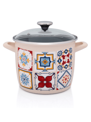 Wysoki garnek emaliowany ze szklaną pokrywką, 20 cm 5.1L, kremowy, Porto