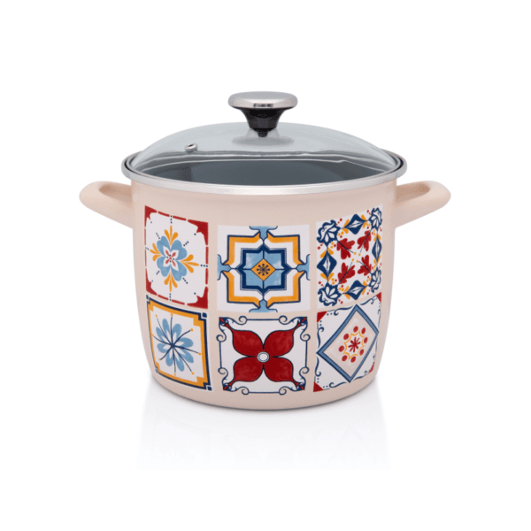 Wysoki garnek emaliowany ze szklaną pokrywką, 20 cm 5.1L, kremowy, Porto