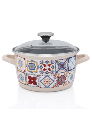 Garnek emaliowany ze szklana pokrywką, 24 cm 6.0L, kremowy, Porto