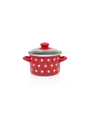 Garnek emaliowany ze szklaną pokrywką, 14 cm 1.5l, czerwony, Dots on red