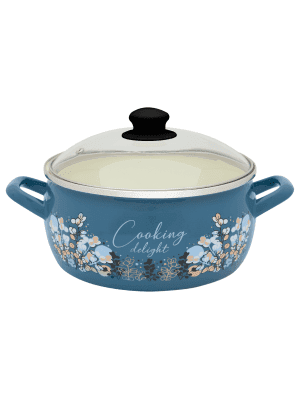 Niski garnek emaliowany 24 cm 5 L, ze szklaną pokrywką, niebieski, Cooking Delight